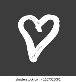 White heart on the dark background. Hand drawn love symbol. Vector isolated, clip art. Brush, ink. Decor element for Valentine's day card, pattern, poster, label, sticker, postcard and print. 