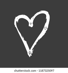 White heart on the dark background. Hand drawn love symbol. Vector isolated, clip art. Brush, ink. Decor element for Valentine's day card, pattern, poster, label, sticker, postcard and print. 