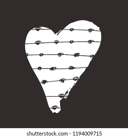 White heart on the dark background. Hand drawn love symbol. Vector isolated, clip art. Brush, ink. Decor element for Valentine's day card, pattern, poster, label, sticker, postcard and print. 