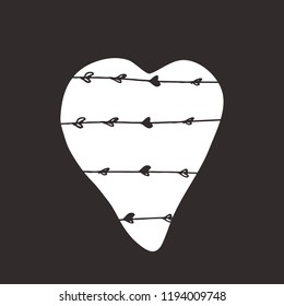 White heart on the dark background. Hand drawn love symbol. Vector isolated, clip art. Brush, ink. Decor element for Valentine's day card, pattern, poster, label, sticker, postcard and print. 