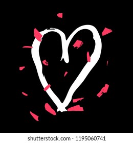 White heart on the dark background. Hand drawn love symbol. Vector isolated, clip art. Brush, ink. Decor element for Valentine's day card, pattern, poster, label, sticker, postcard and print. 