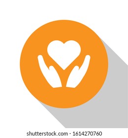 White Heart on hand icon isolated on white background. Hand giving love symbol. Valentines day symbol. Orange circle button. Vector Illustration