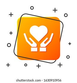 White Heart on hand icon isolated on white background. Hand giving love symbol. Valentines day symbol. Orange square button. Vector Illustration