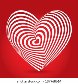 white heart on red background. Optical illusion of 3D three-dimensional volume. vector