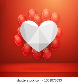 White heart on a red wall with flying balloons. Valentaines day concept