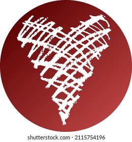 Un corazón blanco sobre un fondo rojo redondo, con una textura dibujada a mano. Ilustración vectorial, elemento Diseño.