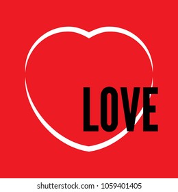 White heart outline on a red background with black inscription Love. Vector illustration.
