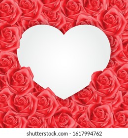 White heart paper on red roses card for Happy Valentines Day love holiday festival celebration vector illustration.