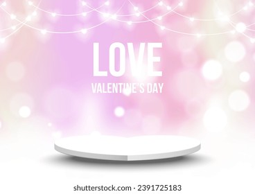 White heart pedestal, lights decoration on bokeh soft pink background. Valentines day background. Vector illustration.