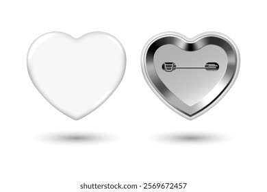 White heart pin badge mockup. Isolated badge button brooch. Realistic blank heart shape glossy white button badge pin with metal back cover. 3d Vector illustration.