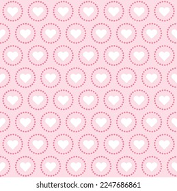 Corazón blanco en círculo de puntas rosadas sobre fondo rosado. Feliz Día de San Valentín. Fondo de patrón cardíaco.