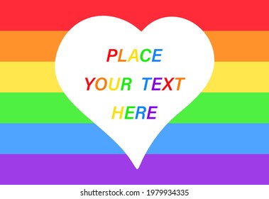 White heart with place for text on the background of the LGBT flag. Banner template for print and web design. 