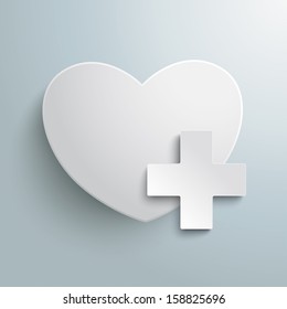 White heart with plus symbol on the grey background. Eps 10 vector file.