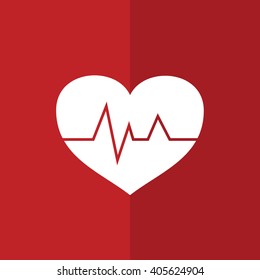 White heart pulse icon vector illustration. Red background