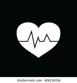 White heart pulse icon vector illustration. Black background