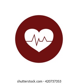 White heart pulse icon vector illustration. Red circle. Red button