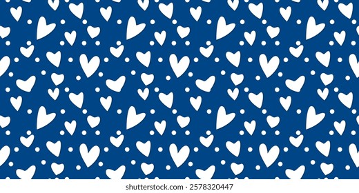 White Heart Seamless Pattern on Blue Background. Love romantic theme. Pattern hearts with Love for Valentine's Day. Valentines day background. Vector abstract texture with small hearts