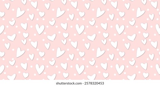 White Heart Seamless Pattern on Pink Background. Love romantic theme. Pattern hearts with Love for Valentine's Day. Valentines day background. Vector abstract texture with small hearts