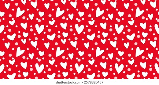 White Heart Seamless Pattern on Red Background. Love romantic theme. Pattern hearts with Love for Valentine's Day. Valentines day background. Vector abstract texture with small hearts