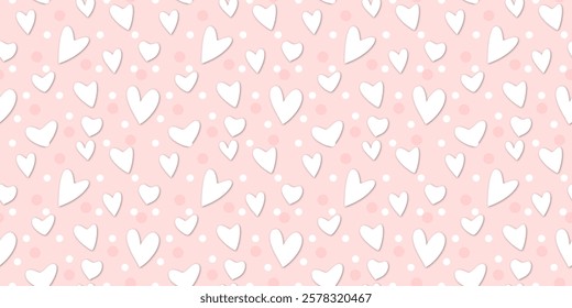 White Heart Seamless Pattern on Pink Background. Love romantic theme. Pattern hearts with Love for Valentine's Day. Valentines day background. Vector abstract texture with small hearts