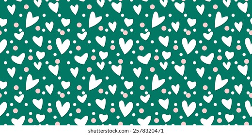White Heart Seamless Pattern on Green Background. Love romantic theme. Pattern hearts with Love for Valentine's Day. Valentines day background. Vector abstract texture with small hearts