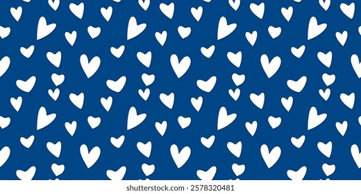 White Heart Seamless Pattern on Blue Background. Love romantic theme. Pattern hearts with Love for Valentine's Day. Valentines day background. Vector abstract texture with small hearts