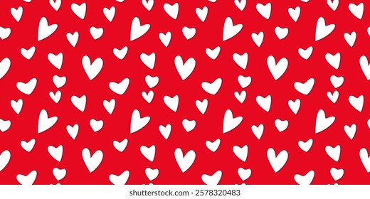 White Heart Seamless Pattern on Red Background. Love romantic theme. Pattern hearts with Love for Valentine's Day. Valentines day background. Vector abstract texture with small hearts