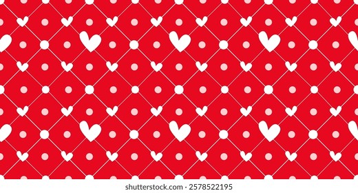 White Heart Seamless Pattern on red Background. Love romantic theme. Pattern hearts with Love for Valentine's Day. Valentines day background. Vector abstract texture with small hearts