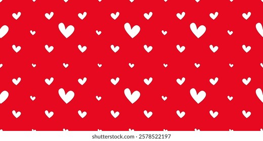 White Heart Seamless Pattern on red Background. Love romantic theme. Pattern hearts with Love for Valentine's Day. Valentines day background. Vector abstract texture with small hearts