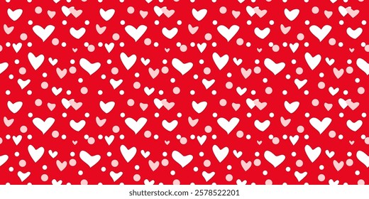 White Heart Seamless Pattern on red Background. Love romantic theme. Pattern hearts with Love for Valentine's Day. Valentines day background. Vector abstract texture with small hearts