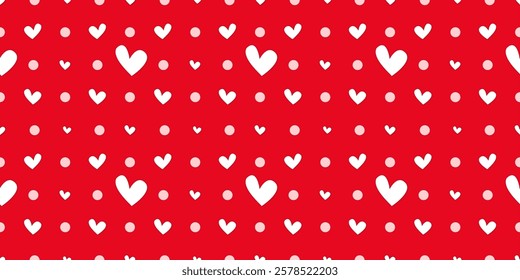 White Heart Seamless Pattern on red Background. Love romantic theme. Pattern hearts with Love for Valentine's Day. Valentines day background. Vector abstract texture with small hearts