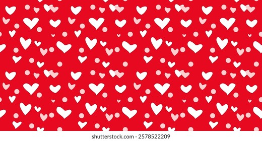 White Heart Seamless Pattern on red Background. Love romantic theme. Pattern hearts with Love for Valentine's Day. Valentines day background. Vector abstract texture with small hearts