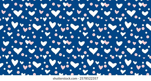 White Heart Seamless Pattern on blue Background. Love romantic theme. Pattern hearts with Love for Valentine's Day. Valentines day background. Vector abstract texture with small hearts