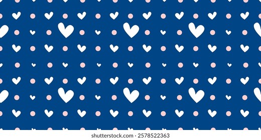 White Heart Seamless Pattern on blue Background. Love romantic theme. Pattern hearts with Love for Valentine's Day. Valentines day background. Vector abstract texture with small hearts