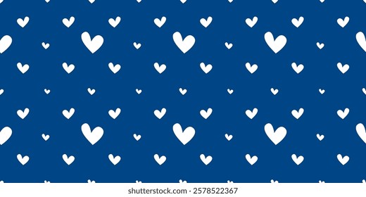 White Heart Seamless Pattern on blue Background. Love romantic theme. Pattern hearts with Love for Valentine's Day. Valentines day background. Vector abstract texture with small hearts