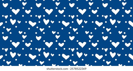 White Heart Seamless Pattern on blue Background. Love romantic theme. Pattern hearts with Love for Valentine's Day. Valentines day background. Vector abstract texture with small hearts