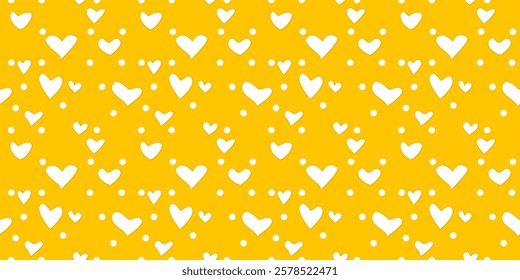 White Heart Seamless Pattern on yellow Background. Love romantic theme. Pattern hearts with Love for Valentine's Day. Valentines day background. Vector abstract texture with small hearts