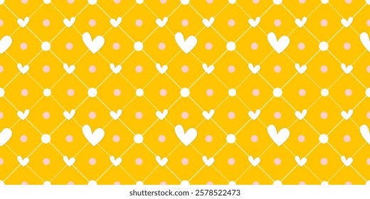 White Heart Seamless Pattern on yellow Background. Love romantic theme. Pattern hearts with Love for Valentine's Day. Valentines day background. Vector abstract texture with small hearts
