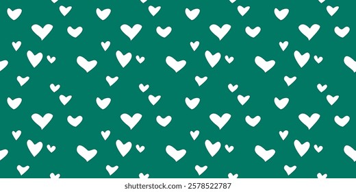 White Heart Seamless Pattern on green Background. Love romantic theme. Pattern hearts with Love for Valentine's Day. Valentines day background. Vector abstract texture with small hearts