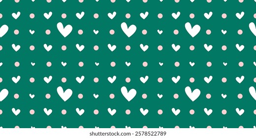 White Heart Seamless Pattern on green Background. Love romantic theme. Pattern hearts with Love for Valentine's Day. Valentines day background. Vector abstract texture with small hearts