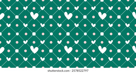 White Heart Seamless Pattern on green Background. Love romantic theme. Pattern hearts with Love for Valentine's Day. Valentines day background. Vector abstract texture with small hearts