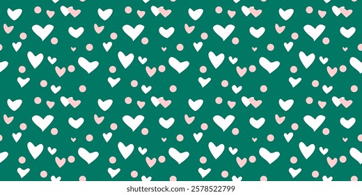 White Heart Seamless Pattern on green Background. Love romantic theme. Pattern hearts with Love for Valentine's Day. Valentines day background. Vector abstract texture with small hearts