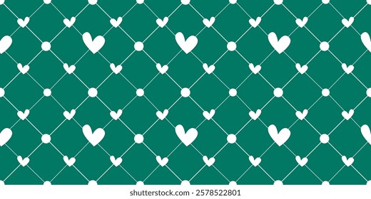 White Heart Seamless Pattern on green Background. Love romantic theme. Pattern hearts with Love for Valentine's Day. Valentines day background. Vector abstract texture with small hearts