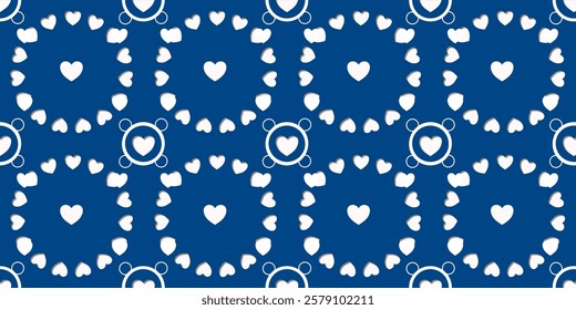 White Heart Seamless Pattern on blue Background. Love romantic theme. Pattern hearts with Love for Valentine's Day. Valentines day background. Vector abstract texture with small hearts