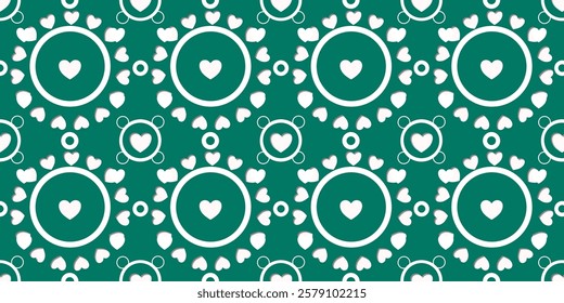 White Heart Seamless Pattern on green Background. Love romantic theme. Pattern hearts with Love for Valentine's Day. Valentines day background. Vector abstract texture with small hearts