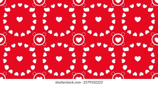 White Heart Seamless Pattern on red Background. Love romantic theme. Pattern hearts with Love for Valentine's Day. Valentines day background. Vector abstract texture with small hearts