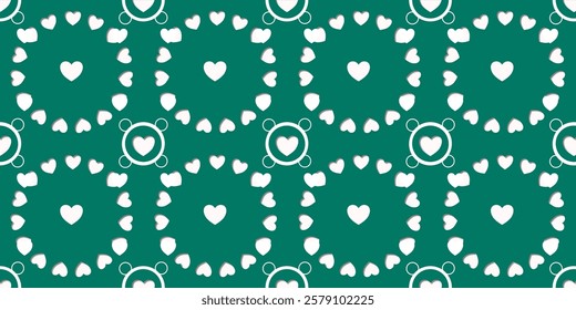 White Heart Seamless Pattern on green Background. Love romantic theme. Pattern hearts with Love for Valentine's Day. Valentines day background. Vector abstract texture with small hearts