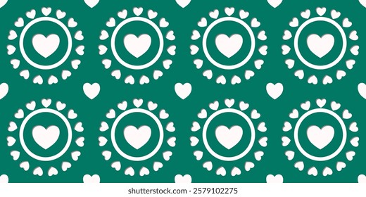 White Heart Seamless Pattern on green Background. Love romantic theme. Pattern hearts with Love for Valentine's Day. Valentines day background. Vector abstract texture with small hearts