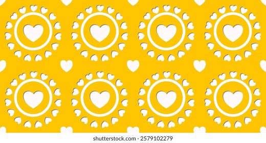 White Heart Seamless Pattern on yellow Background. Love romantic theme. Pattern hearts with Love for Valentine's Day. Valentines day background. Vector abstract texture with small hearts