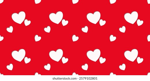 White Heart Seamless Pattern on red Background. Love romantic theme. Pattern hearts with Love for Valentine's Day. Valentines day background. Vector abstract texture with small hearts